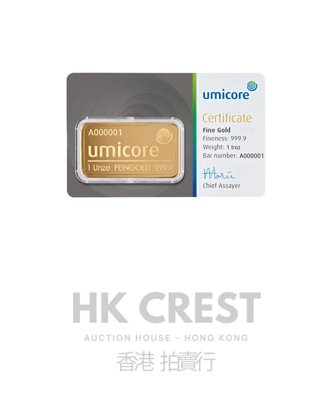 Investment gold bar by Umicore, Cast Bar series, 1 troy oz (31.1035 g), Au 9999