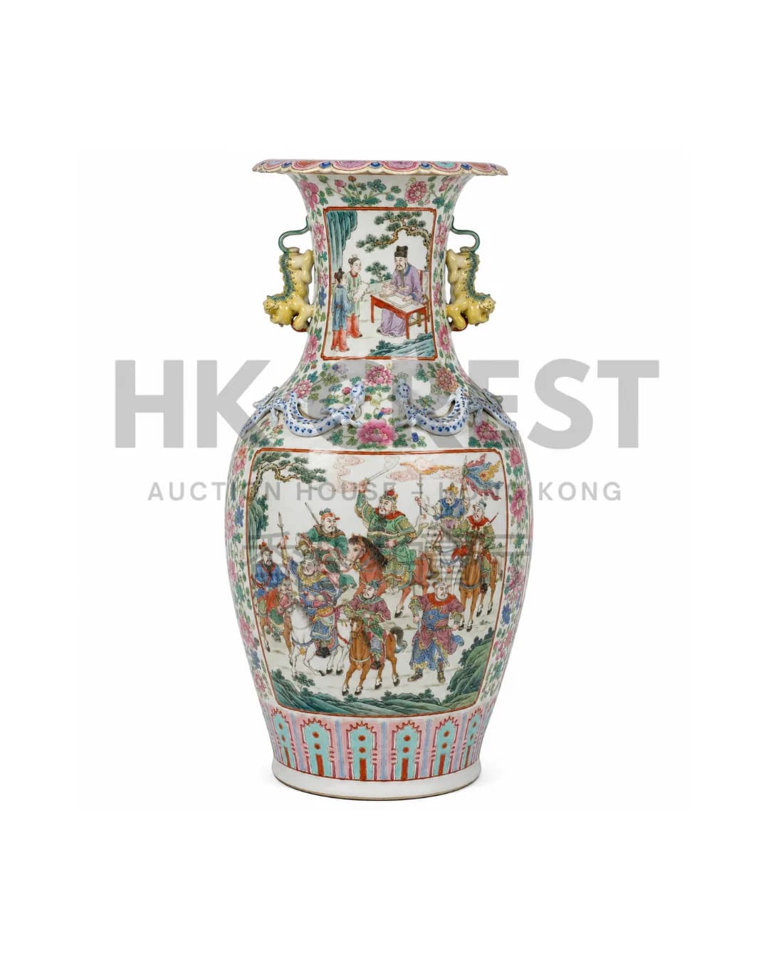 CHINESE VASE IS DECORATED WITH WARRIORS AND COURT FIGURES IN RESERVED PANELS IN BRIGHT…