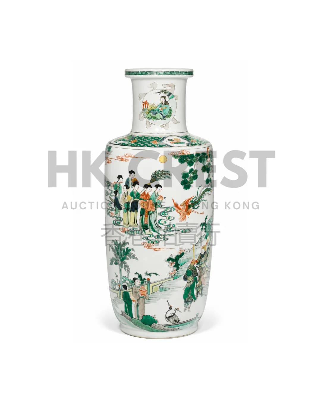 CHINESE FAMILLE VERTE PORCELAIN LARGE ROULEAU VASE, LATE QING PERIOD