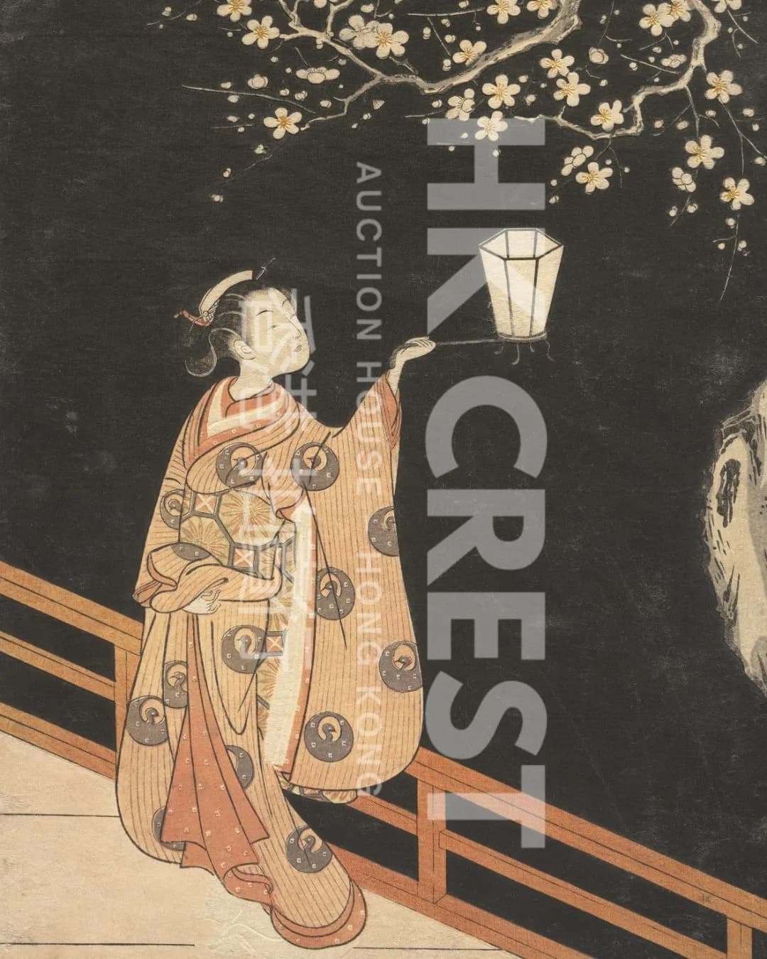 After Suzuki Harunobu — Woman Admiring Plum Blossoms at Night