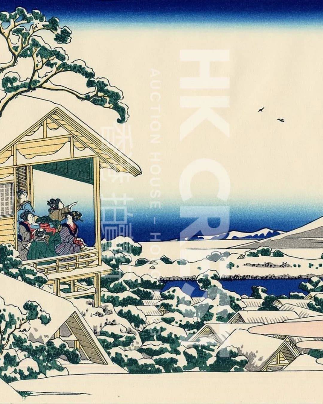After Katsushika Hokusai — Coastal Pavilion with Mount Fuji