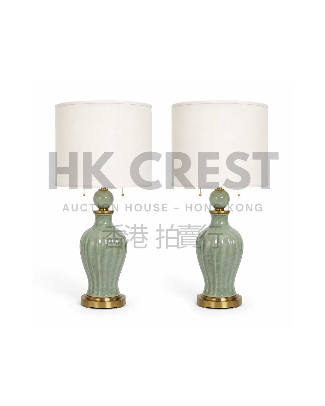 Pair of bedside lamps with cylindrical jade-green glazed ceramic bases and pleated…