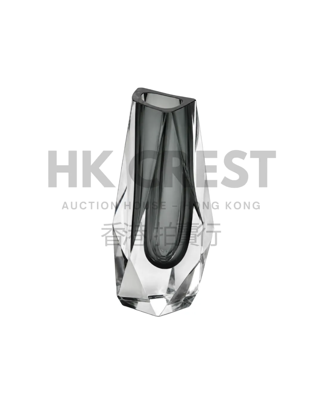 Clear and smoke-grey art glass vase with a thick asymmetrical rim and softly twisted body