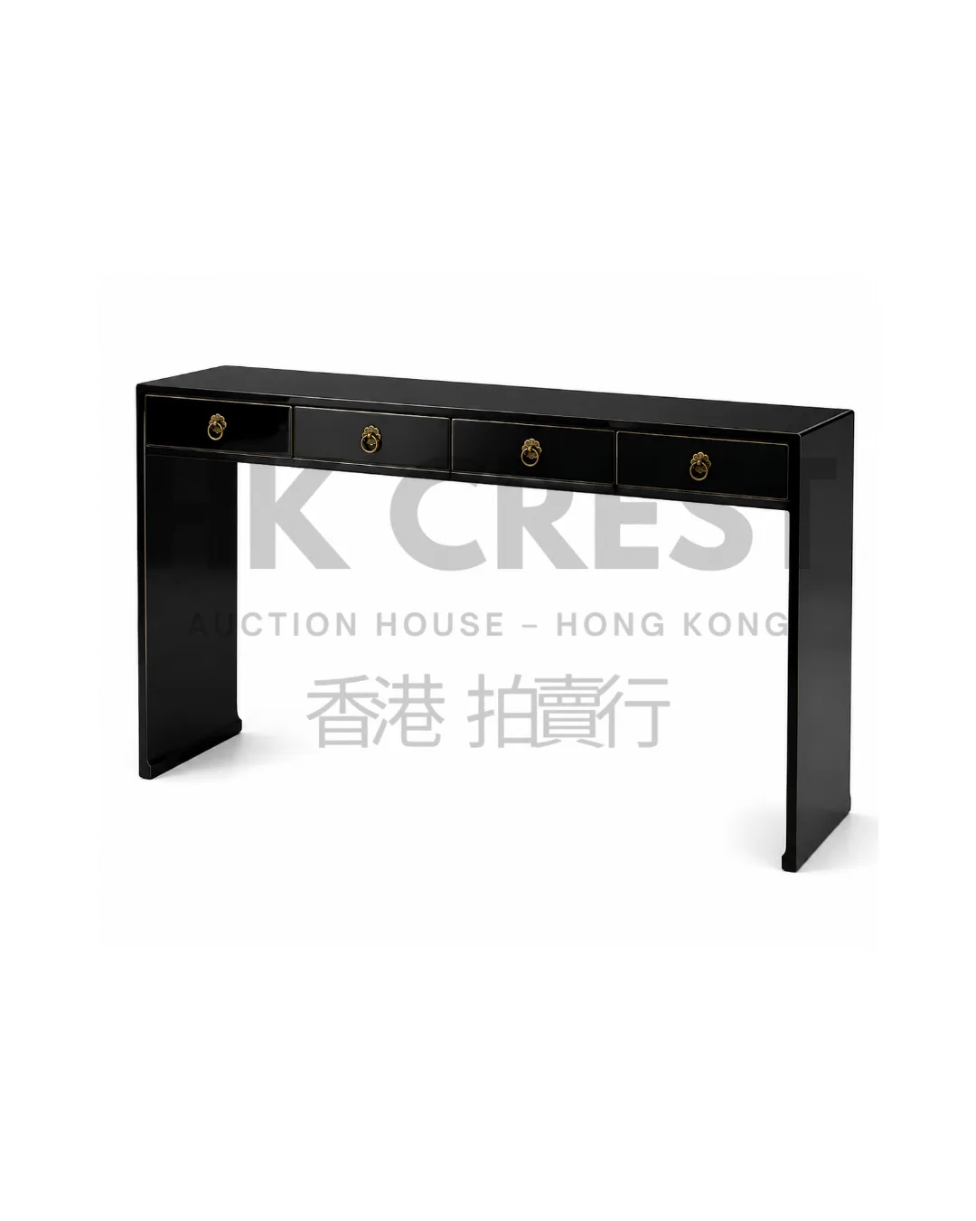 Console table in black lacquer with a slim rectangular top and two curved end supports