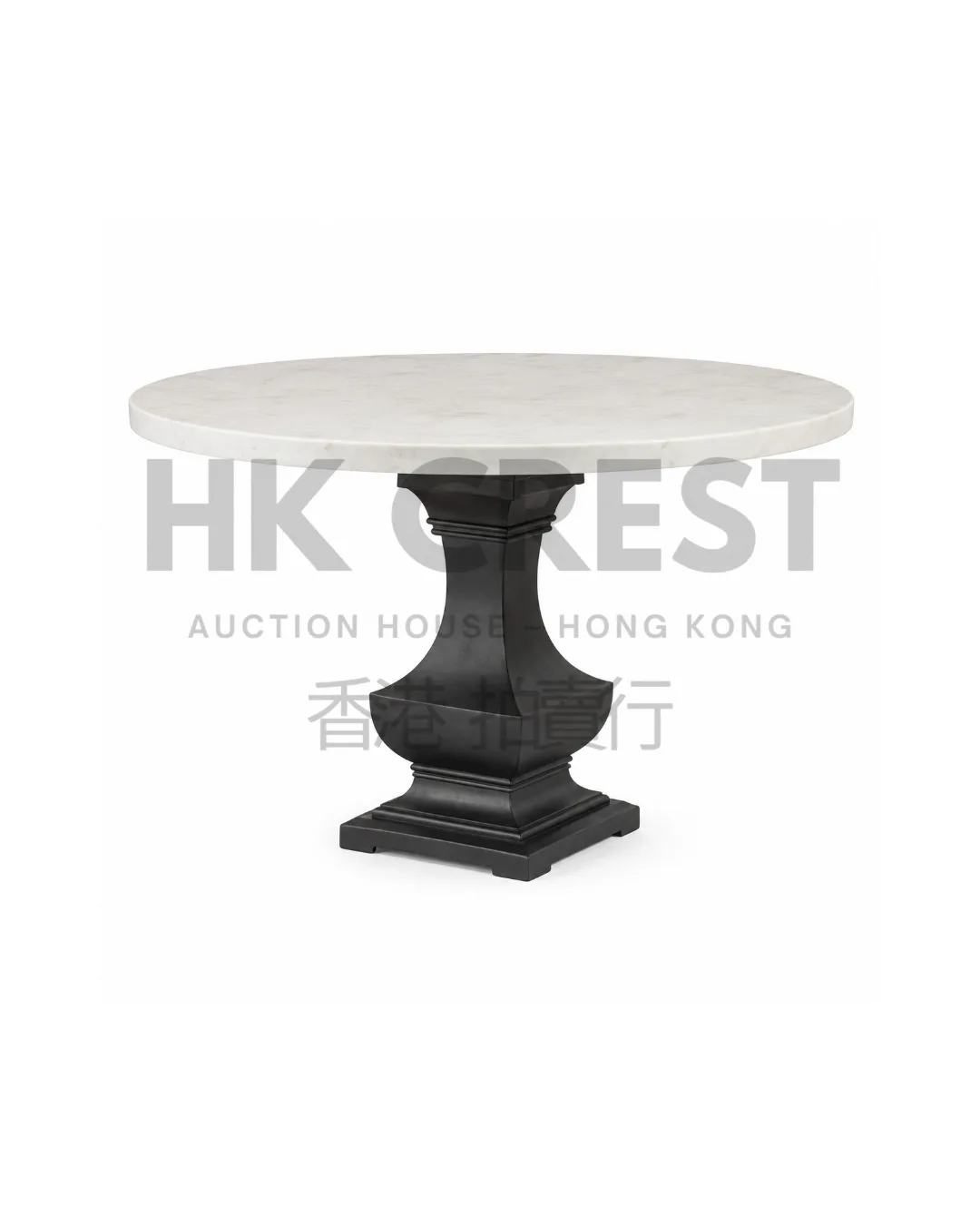 Round pedestal dining table with a white marble top and flared black metal base