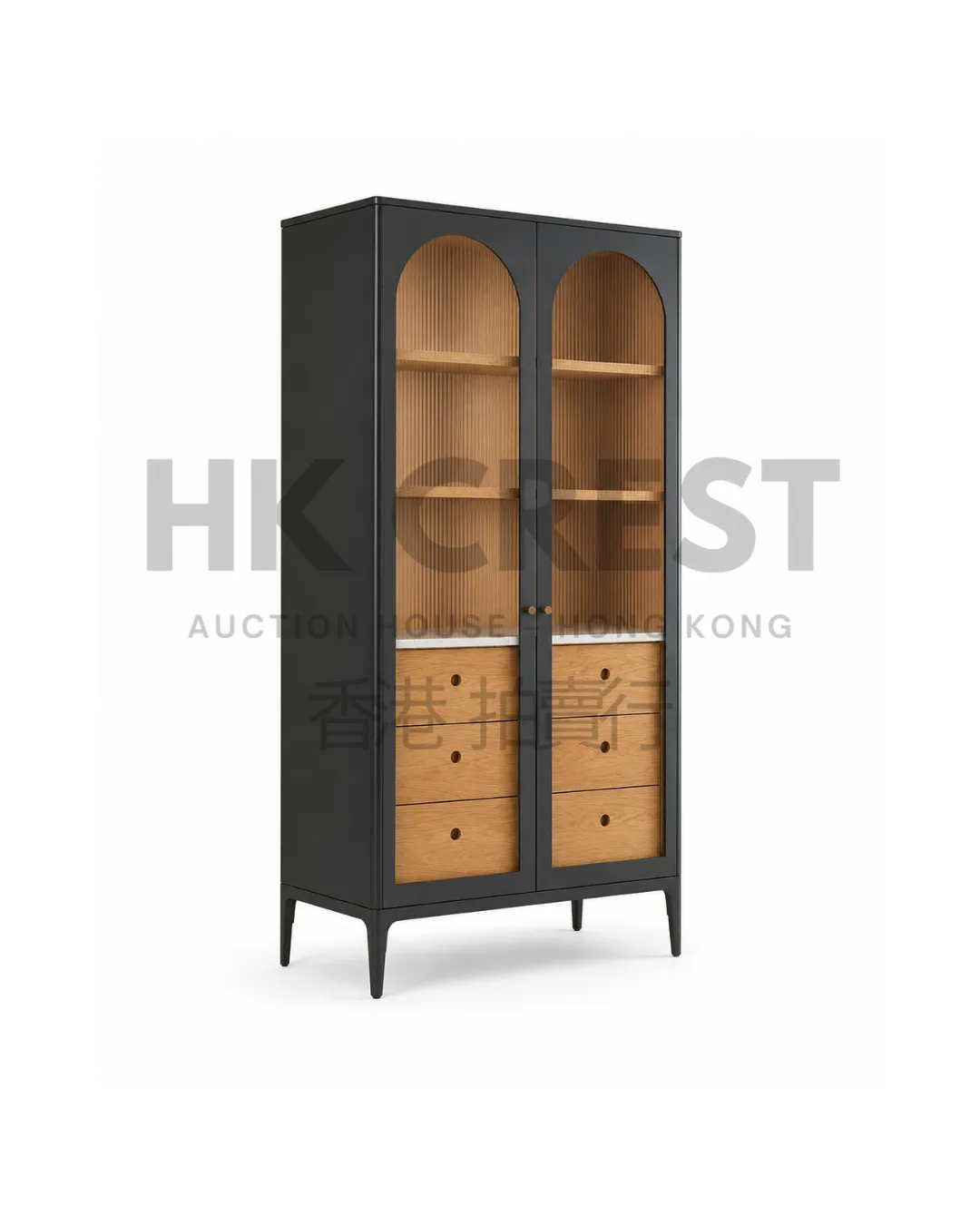 Tall display cabinet in natural oak with fluted glass doors