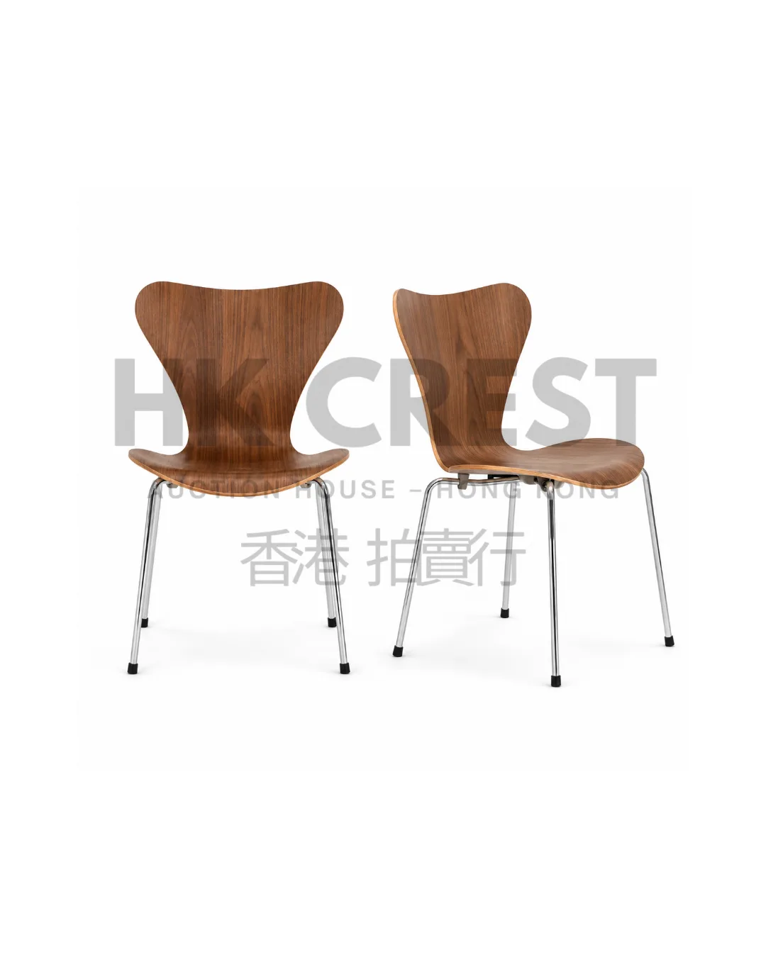 Pair of Fritz Hansen Series 7-style dining chairs with moulded walnut veneer shells and…