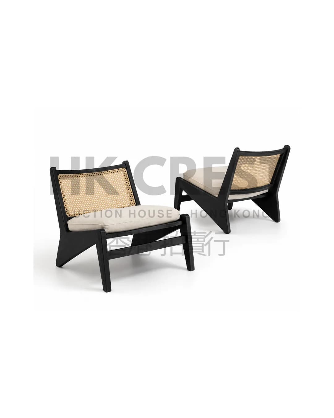Pair of cane-back lounge chairs with solid oak frames