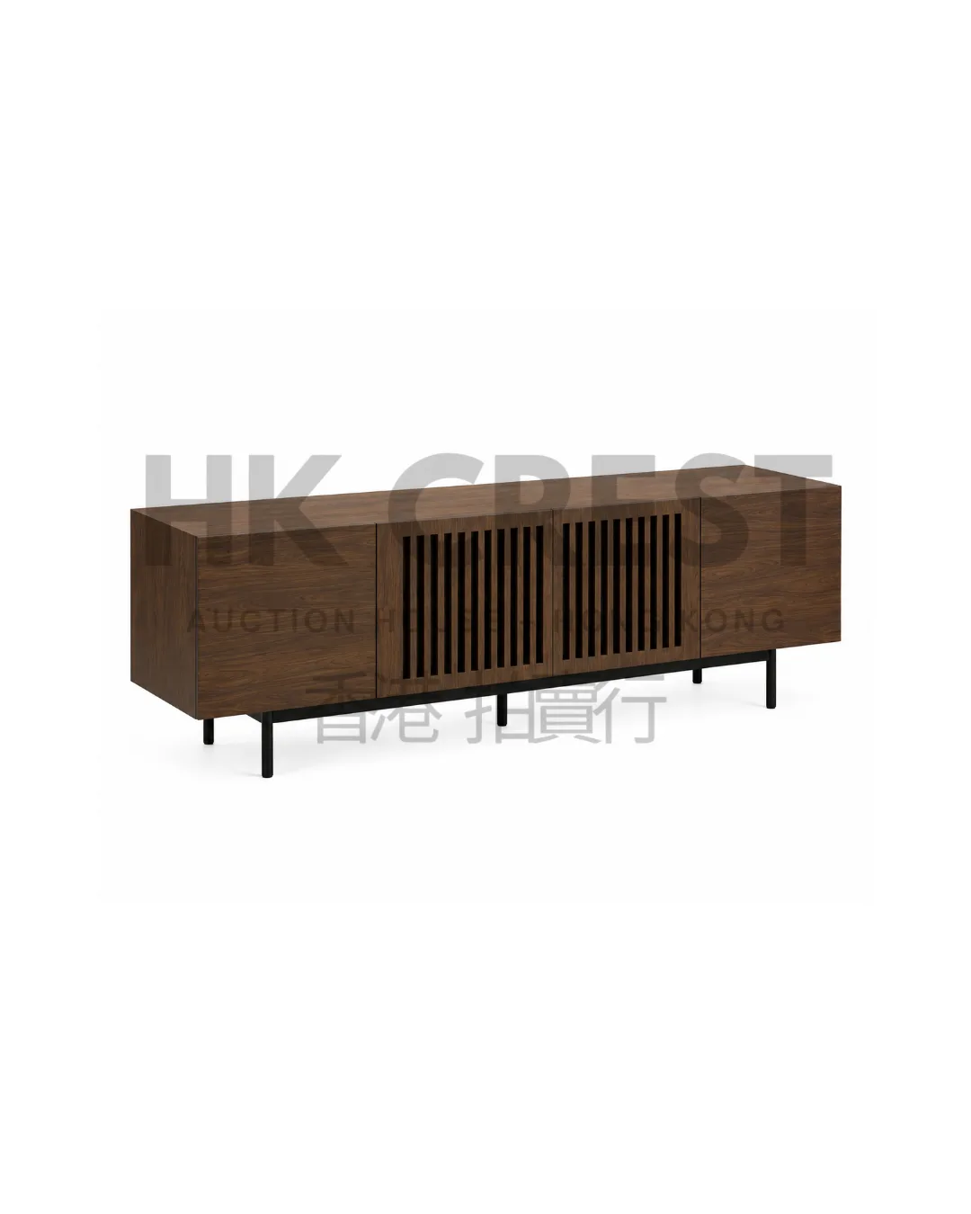 Contemporary media cabinet in dark walnut veneer with sliding slatted doors