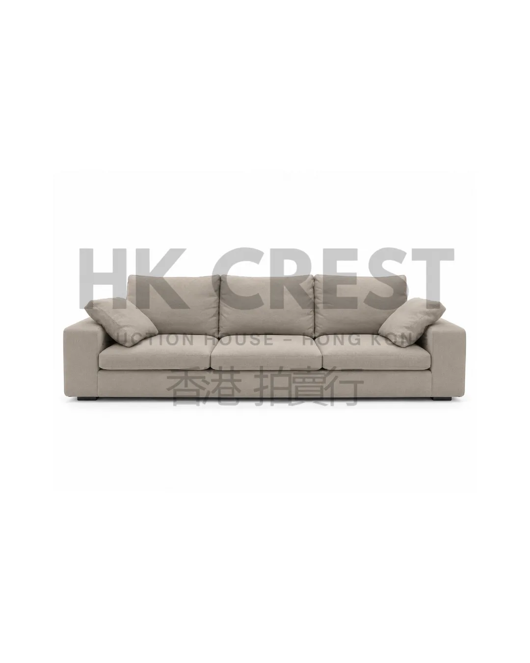 B&B Italia-inspired three-seat sofa upholstered in light taupe fabric, with broad low arms