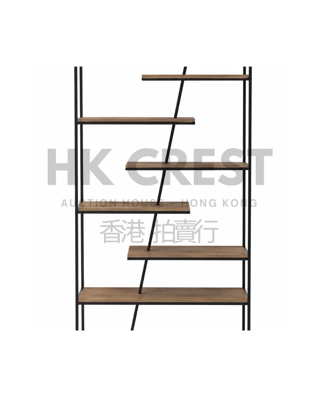 Open shelving unit in black powder-coated steel with five asymmetrically arranged oak…