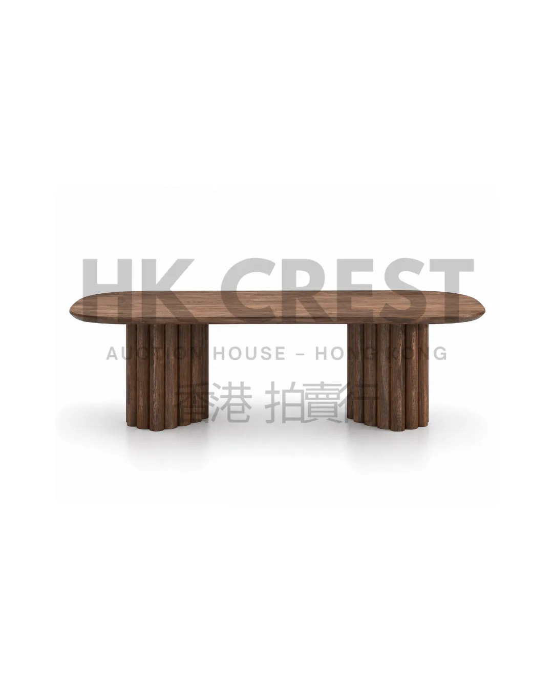 Dining table with a rectangular smoked-oak top and two rounded pedestal bases clad in…