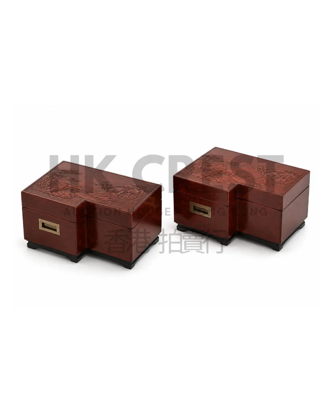Pair of decorative boxes in black and cinnabar-red lacquer