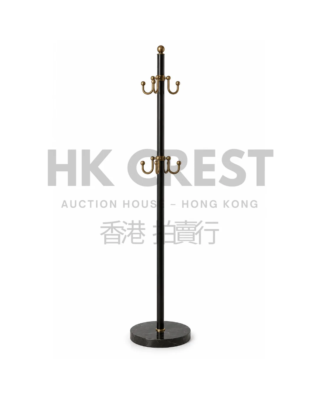 Freestanding coat or accessory stand in blackened steel with a circular stone base and…