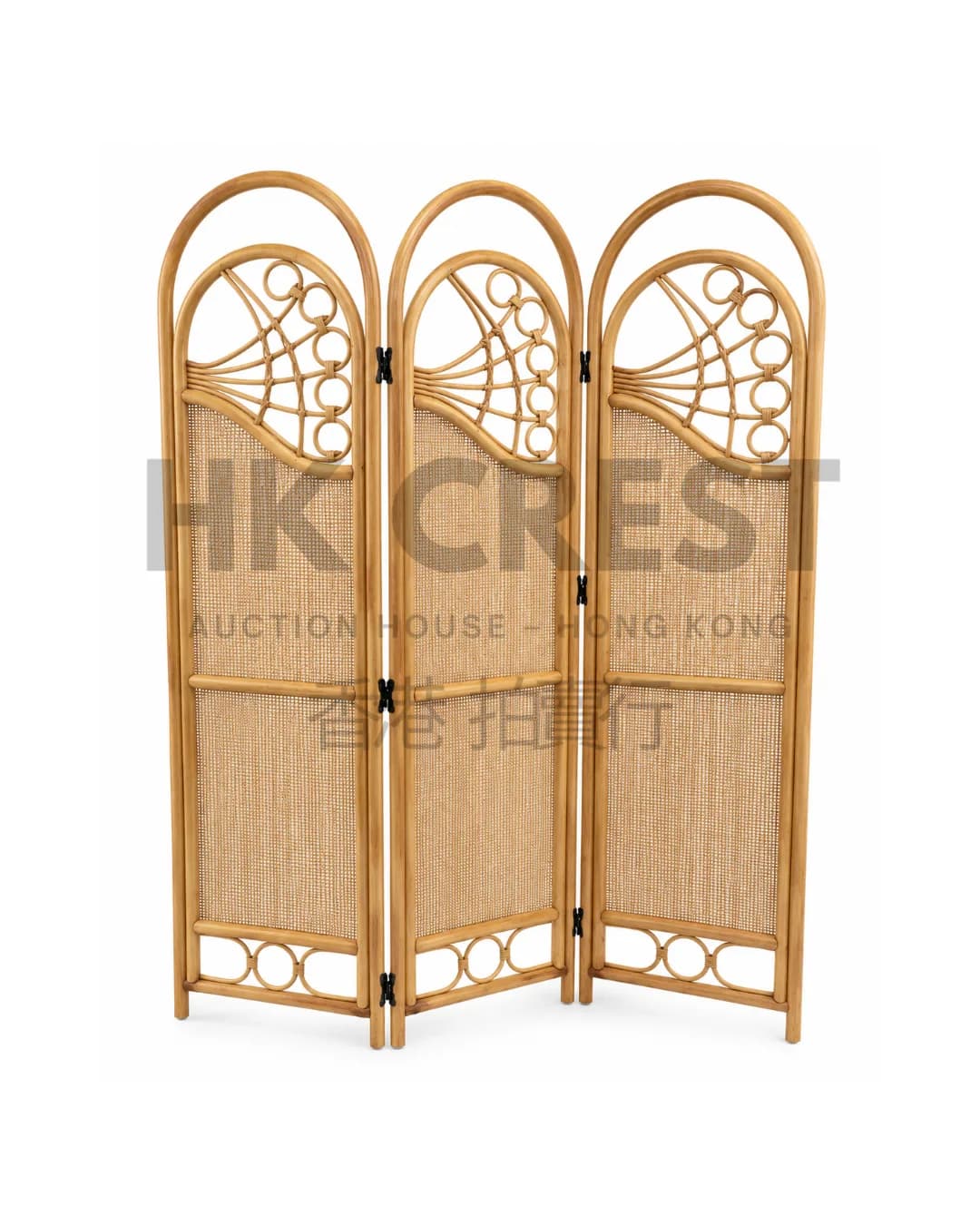 Three-fold room divider with natural oak frames and woven cane panels