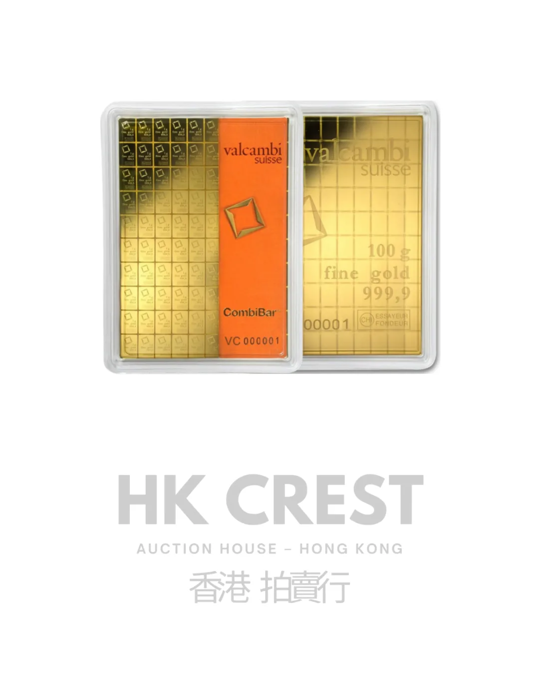 Investment gold bar by Valcambi Suisse, CombiBar series, 100 g, Au 9999, minted format