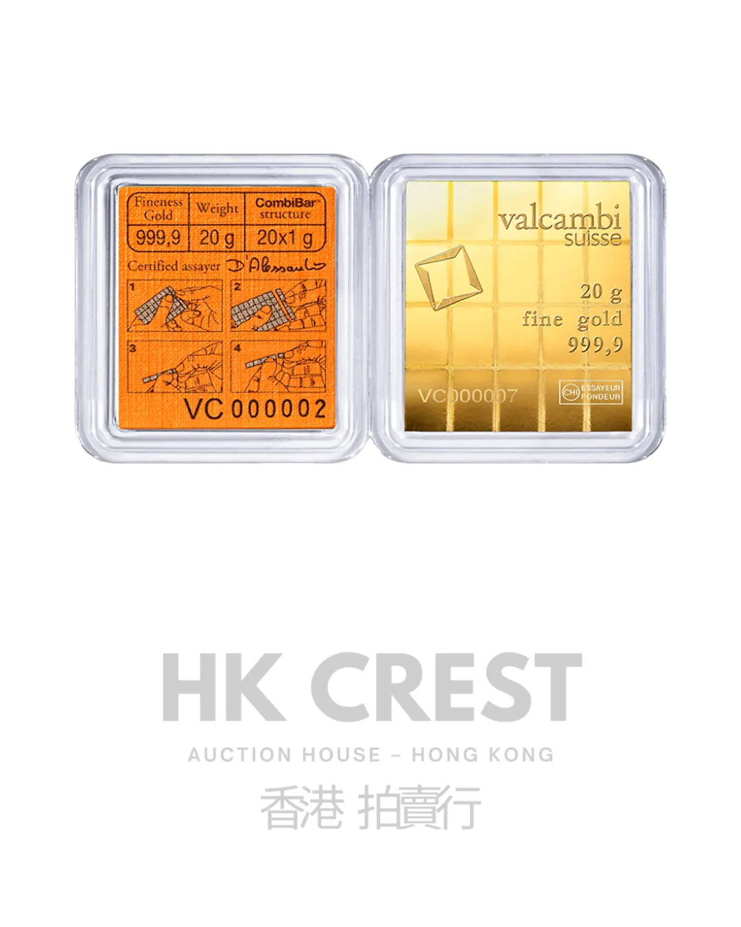 Investment gold bar by Valcambi Suisse, CombiBar series, 20 g, Au 9999, minted format
