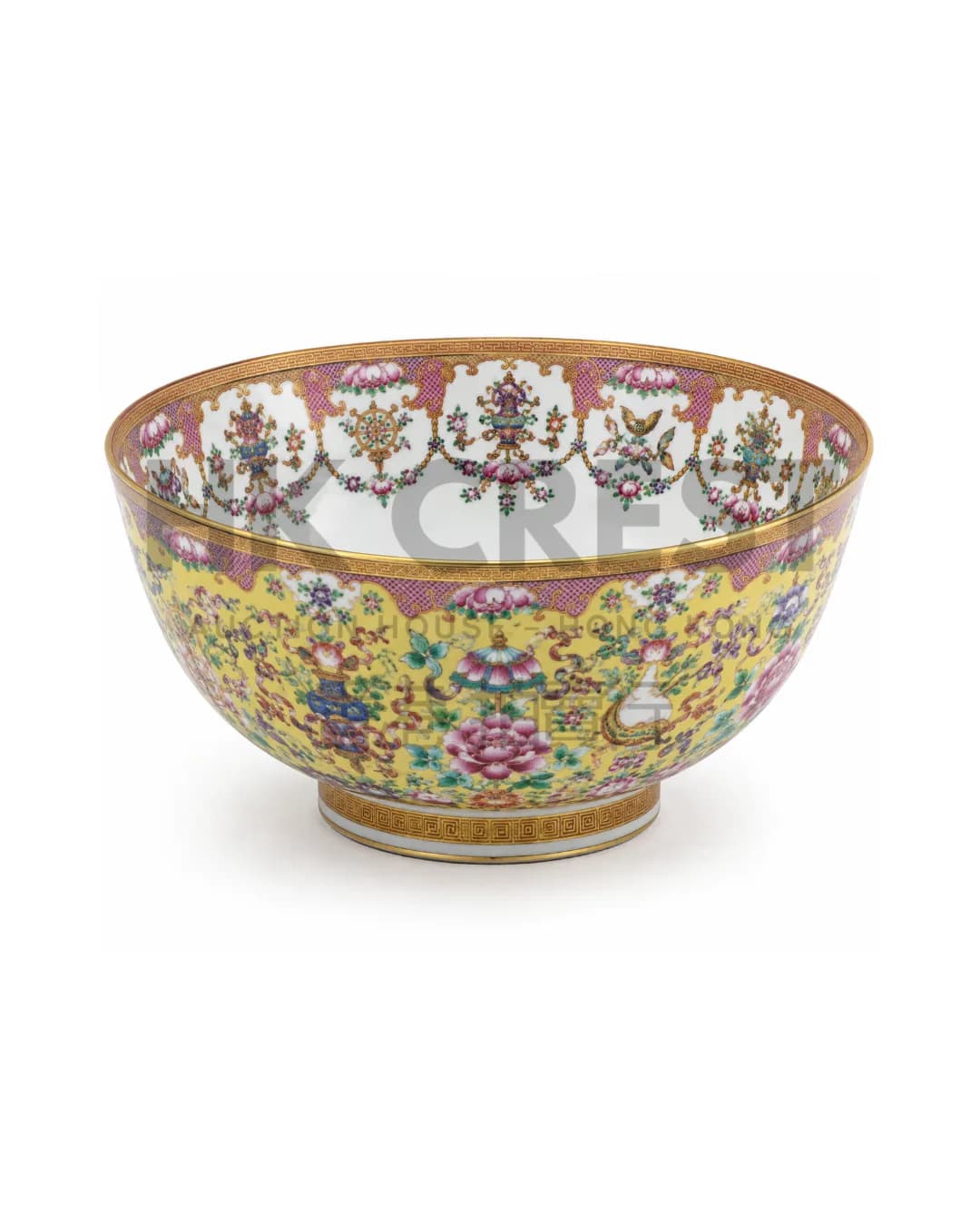 CHINESE BOWL IS DECORATED WITH THE EIGHT BUDDHIST EMBLEMS AMID FLORAL SCROLLS IN YELLOW…