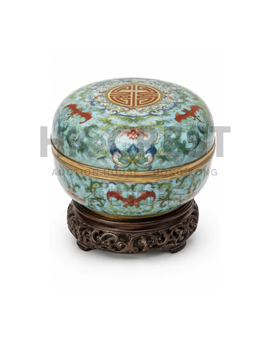 CHINESE COVERED BOX IS DECORATED WITH BATS AND CLOUDS ENCIRCLING A CENTRAL SHOU ROUNDEL…