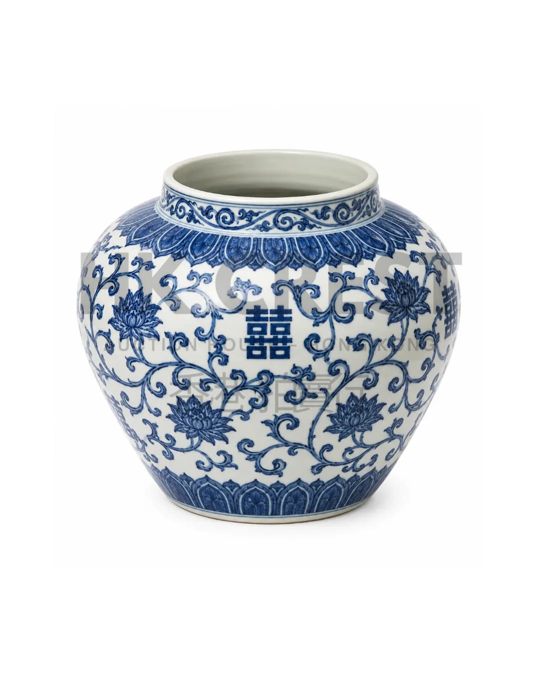 CHINESE JAR IS DECORATED WITH LOTUS SCROLLS AND DOUBLE-HAPPINESS CHARACTERS IN…