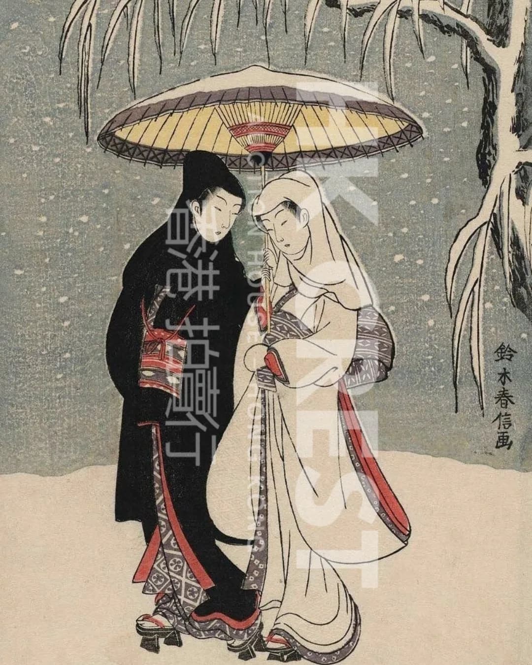 After Suzuki Harunobu — Lovers Walking in the Snow