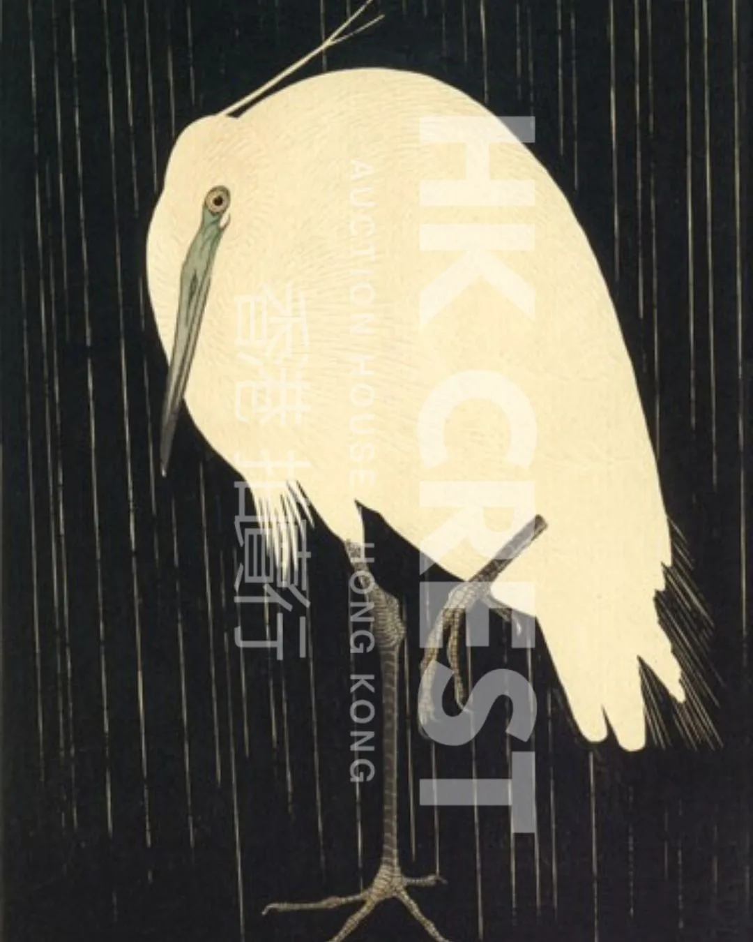 After Ohara Koson — Heron in the Rain