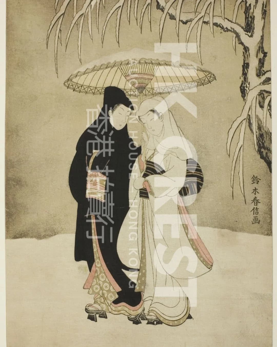 After Suzuki Harunobu — Two Lovers under an Umbrella in Snow