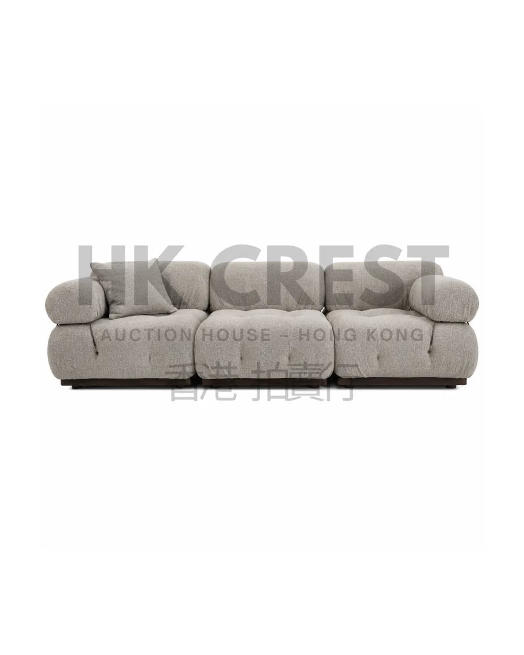 Three-seat sofa upholstered in warm grey woven fabric, with deep cushions