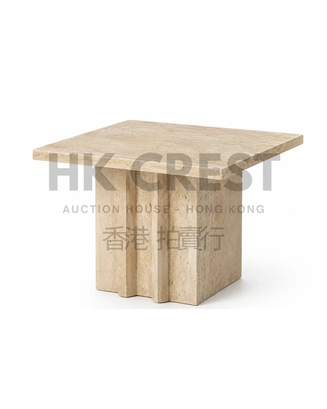 Travertine side table with a square top, softened edges and monolithic block base