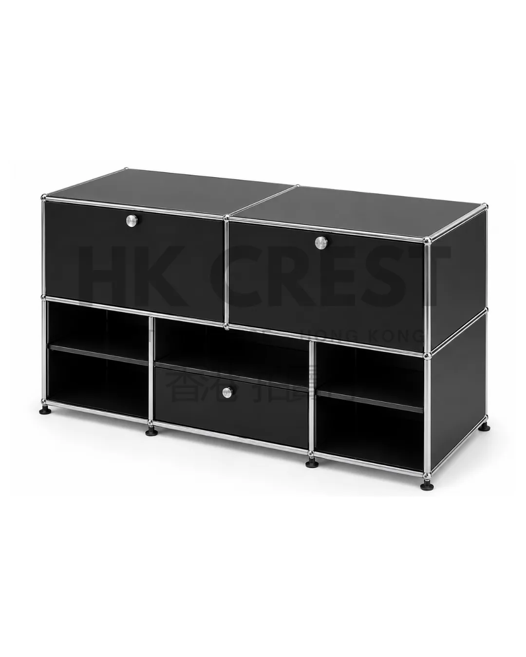 USM Haller modular storage cabinet in chromed steel and black panels
