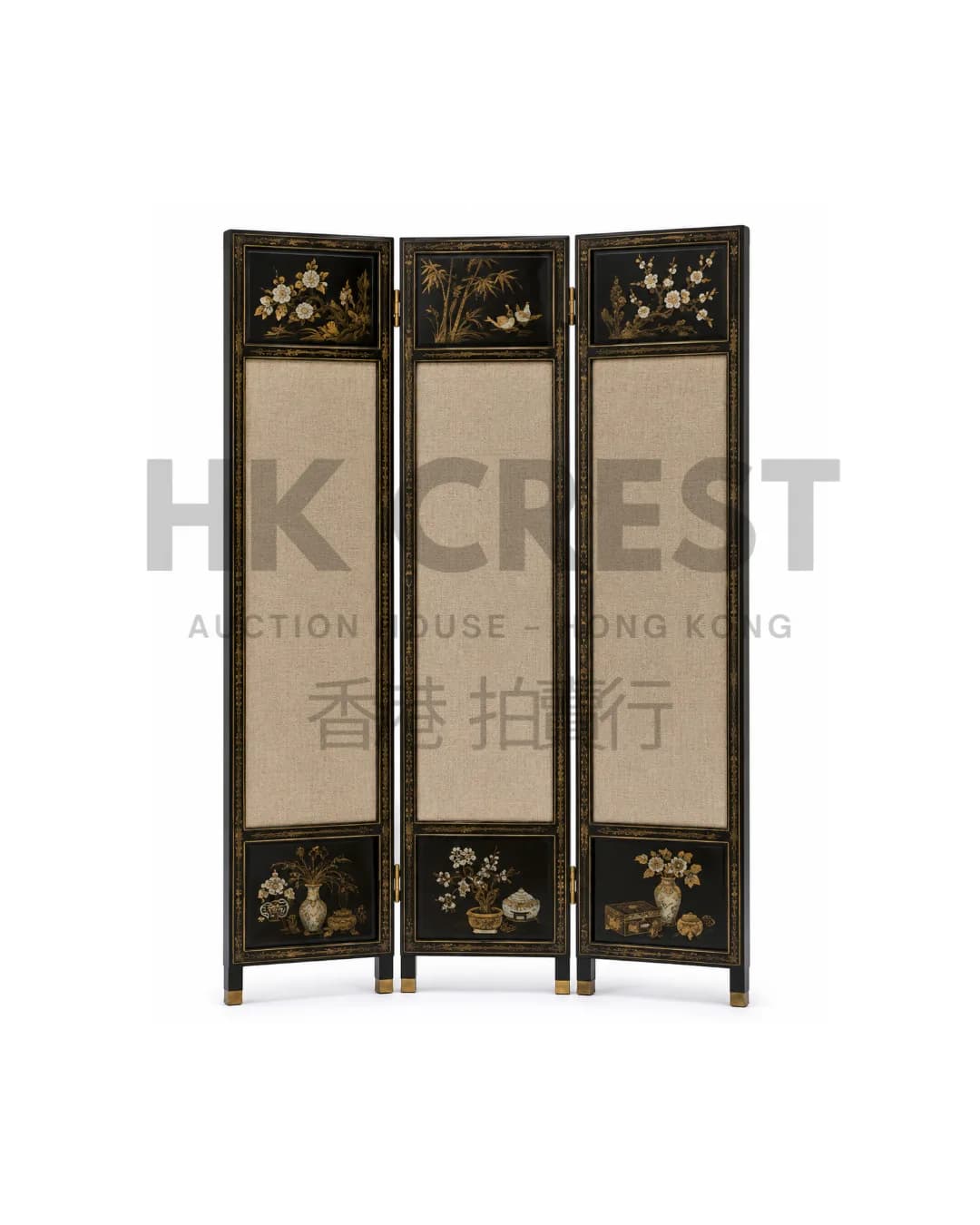 Three-panel decorative wall screen with black lacquered frames and textured neutral…