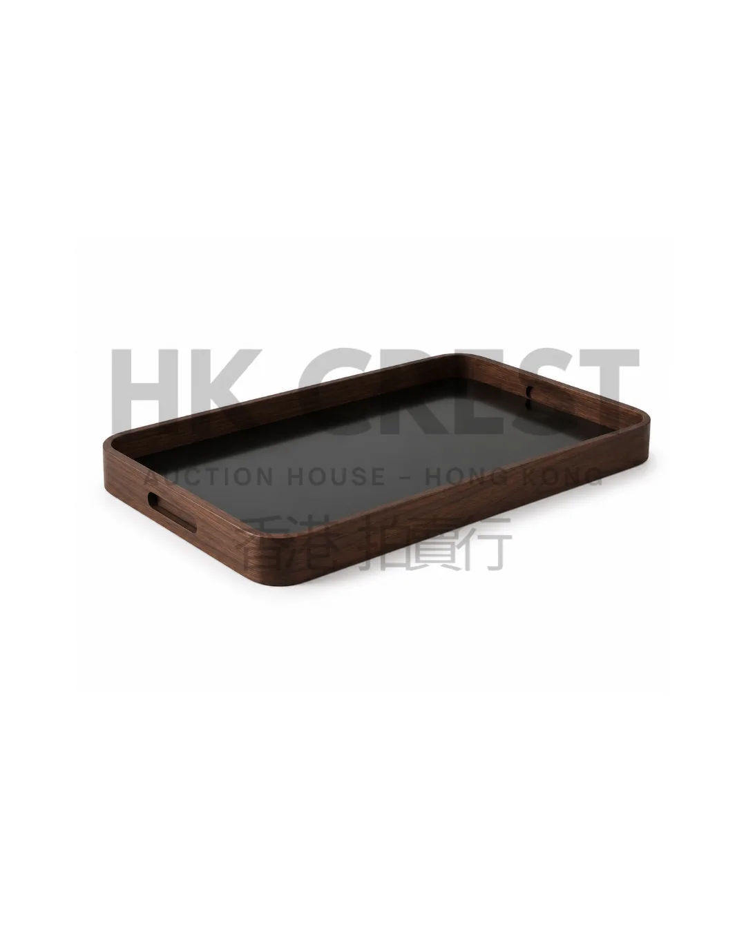 Rectangular serving tray in dark walnut with rounded corners and inset black lacquer…