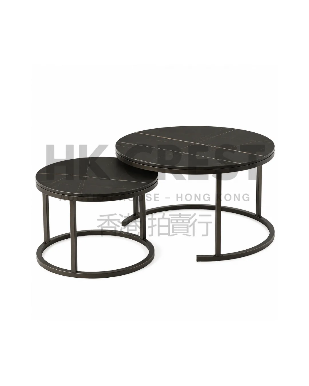 Set of two round nesting coffee tables with black marble tops and bronze-finished…