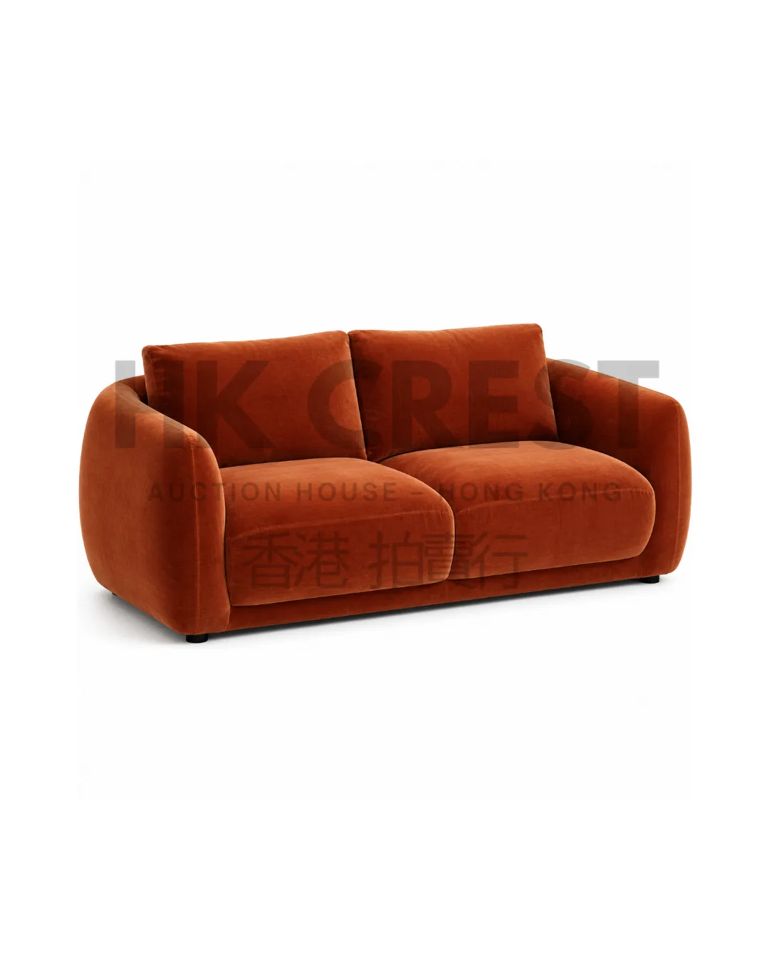 Curved two-seat sofa upholstered in rust-coloured velvet with a continuous rounded back…