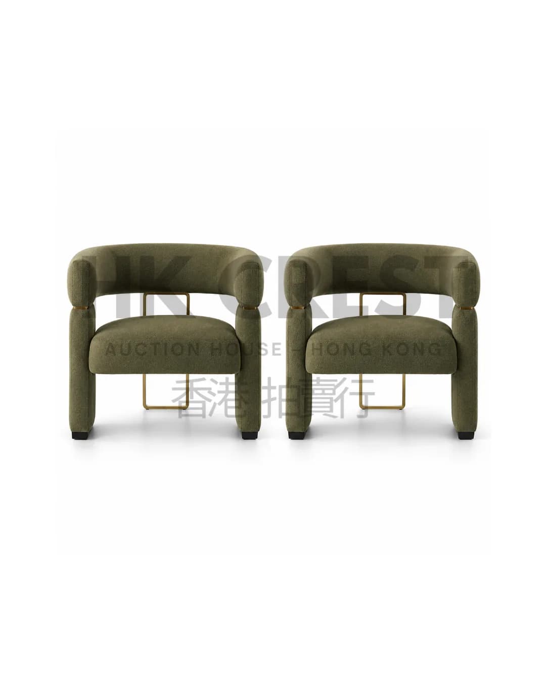 Pair of sculptural occasional chairs upholstered in olive-green wool blend